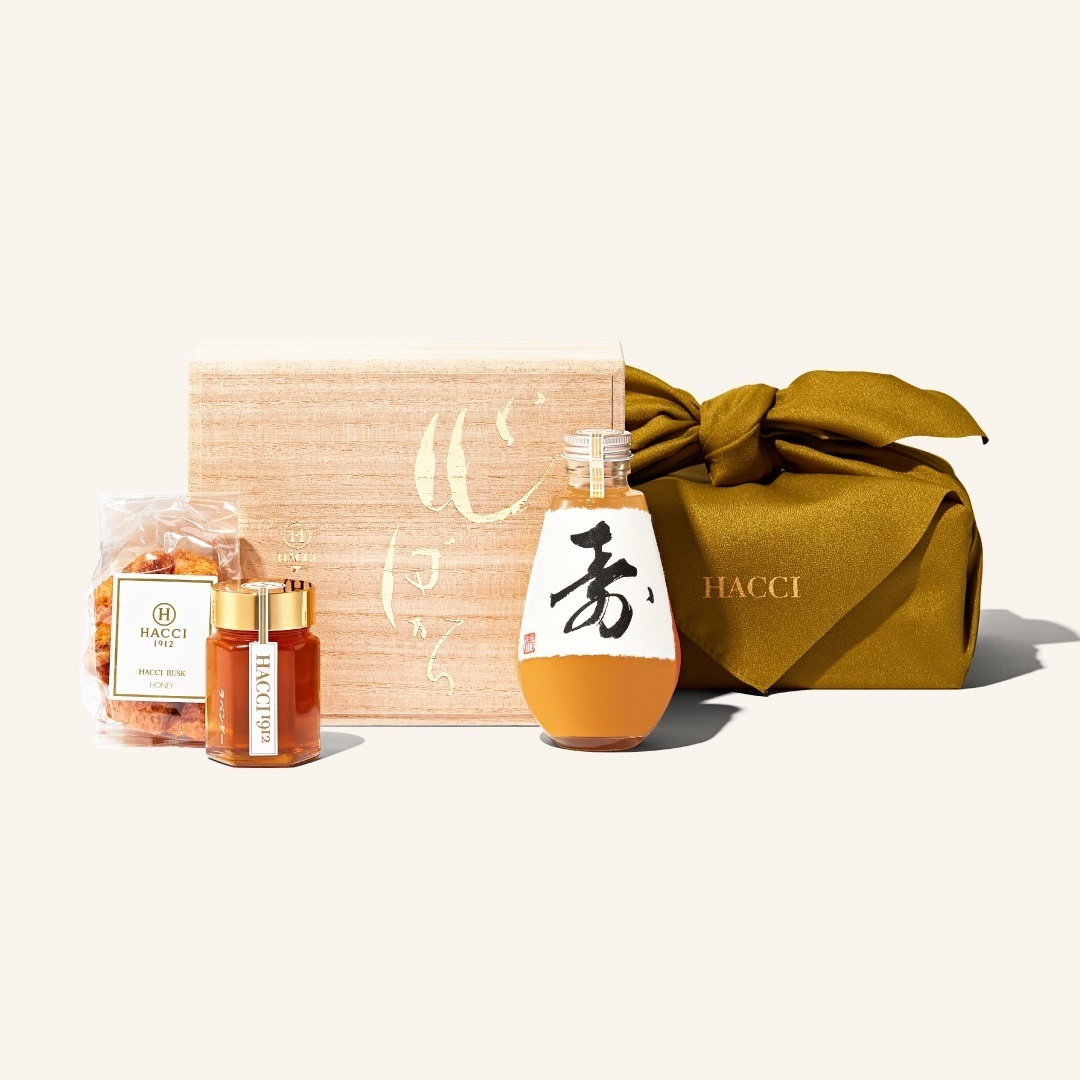 【予約】桐箱ドリンクセット（はちみつ飲料、はちみつ、ラスク）（風呂敷：うぐいす）(ラベル：寿)