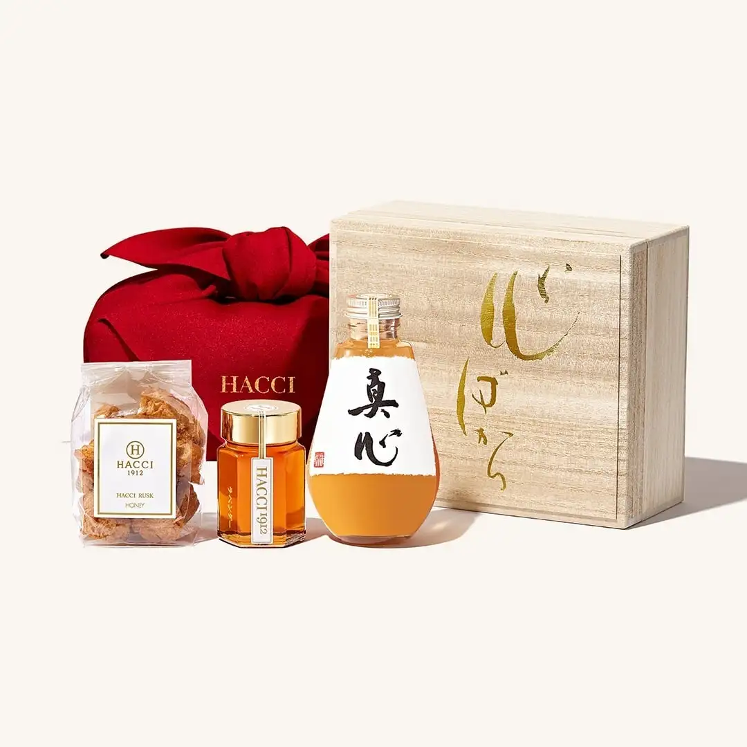 【予約】桐箱ドリンクセット（はちみつ飲料、はちみつ、ラスク）(風呂敷：べに)