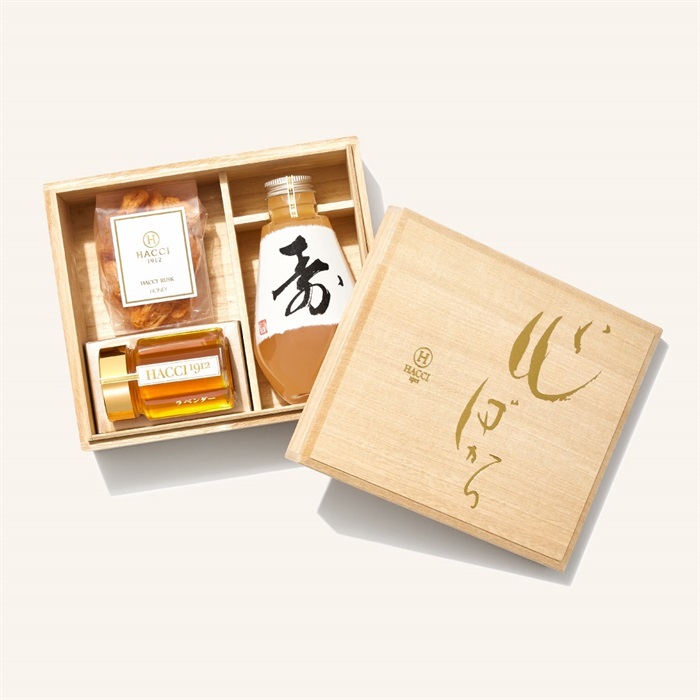 【予約】桐箱ドリンクセット（はちみつ飲料、はちみつ、ラスク）(ラベル：寿)