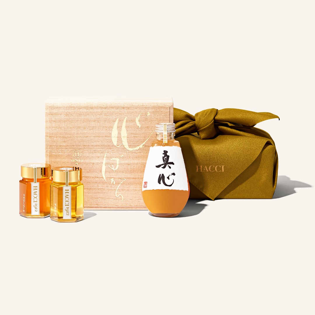 桐箱ドリンクセット（はちみつ飲料、はちみつ2本）（風呂敷：うぐいす）(ラベル：真心)